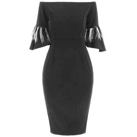 Off Shoulder Fringed Sleeve Fitted Dress - Black Fansmadedirect
