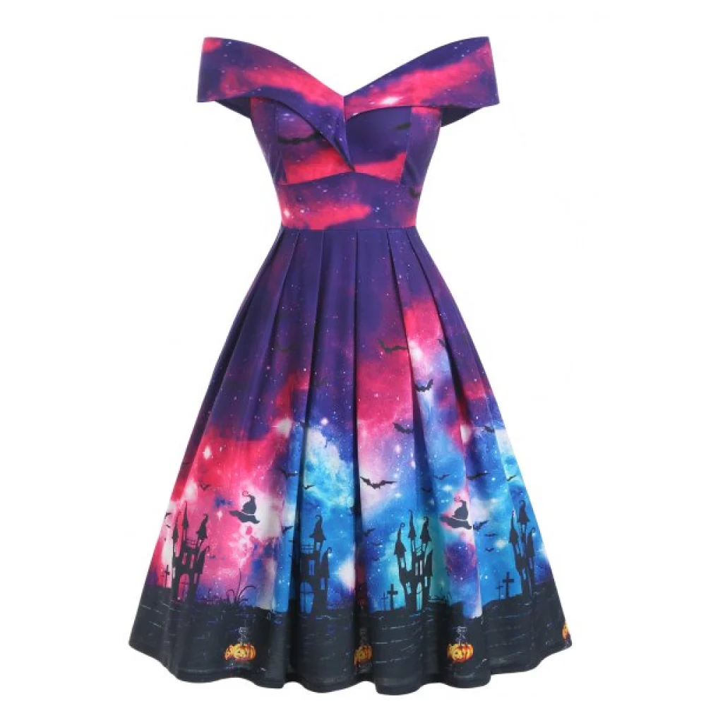 Off Shoulder Pumpkin Bat ulticolor Halloween Dress - Fansmadedirect