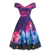 Off Shoulder Pumpkin Bat ulticolor Halloween Dress - Fansmadedirect
