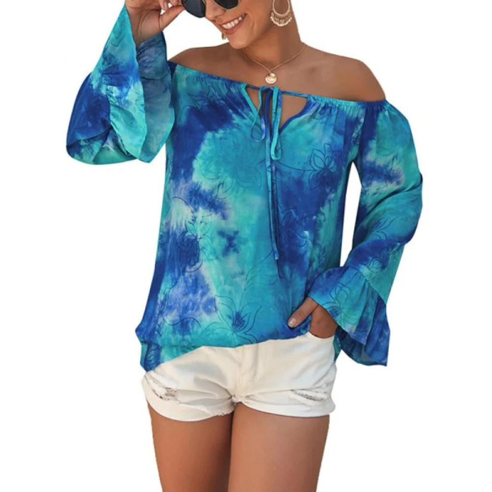 Off Shoulder Tie Dye Bell Sleeve Blouse - Crystal Blue Fansmadedirect