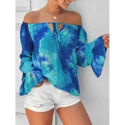 Off Shoulder Tie Dye Bell Sleeve Blouse - Crystal Blue Fansmadedirect