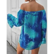 Off Shoulder Tie Dye Bell Sleeve Blouse - Crystal Blue Fansmadedirect