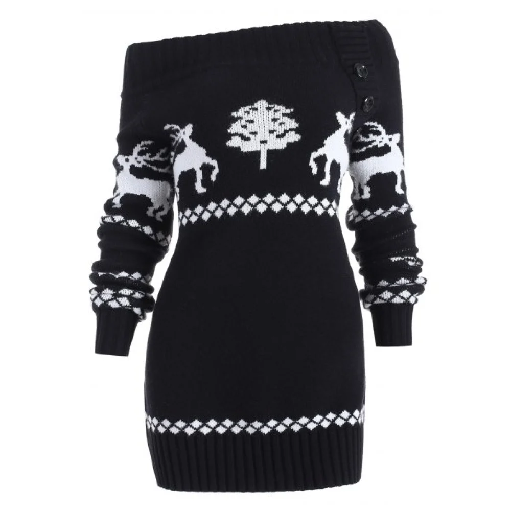 Off The houlder Knit Tunic Reindeer weater - Black Fansmadedirect