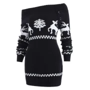 Off The houlder Knit Tunic Reindeer weater - Black Fansmadedirect