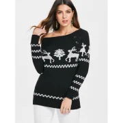 Off The houlder Knit Tunic Reindeer weater - Black Fansmadedirect