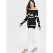 Off The houlder Knit Tunic Reindeer weater - Black Fansmadedirect