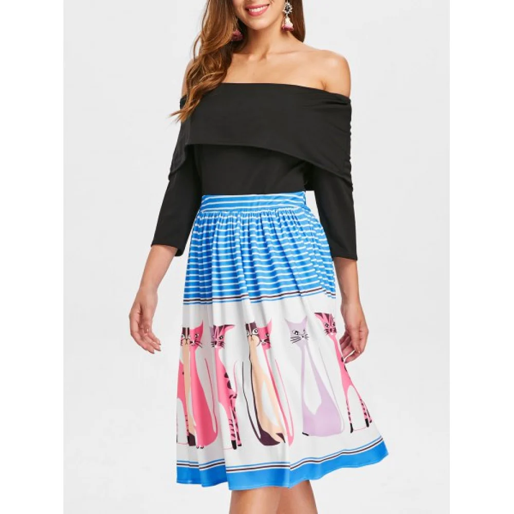 Off The houlder Ruffled Printed Dress - Black Fansmadedirect