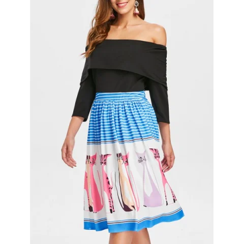 Off The houlder Ruffled Printed Dress - Black Fansmadedirect