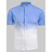 Ombre Stand Collar Linen Shirt - Sky Blue Fansmadedirect