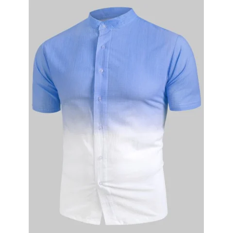 Ombre Stand Collar Linen Shirt - Sky Blue Fansmadedirect