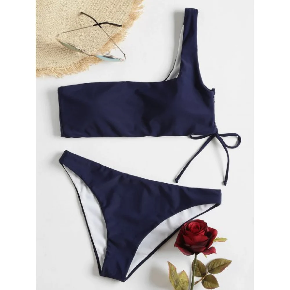 One houlder Lace-up Bikini - Deep Blue Fansmadedirect