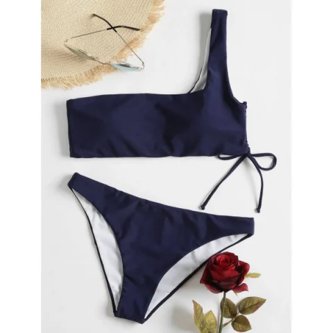 One houlder Lace-up Bikini - Deep Blue Fansmadedirect