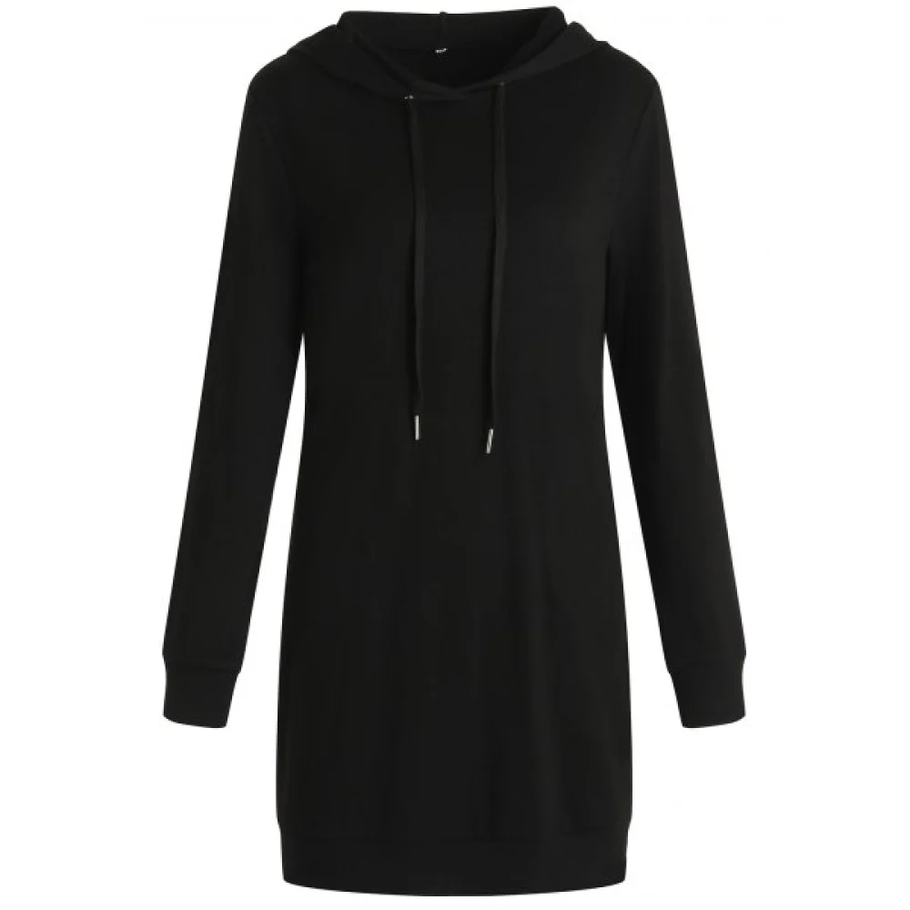 ong Sleeve Drawstring Hooded Dress - Black Fansmadedirect