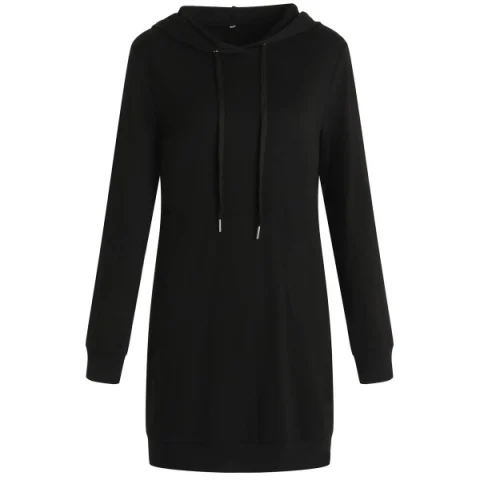 ong Sleeve Drawstring Hooded Dress - Black Fansmadedirect