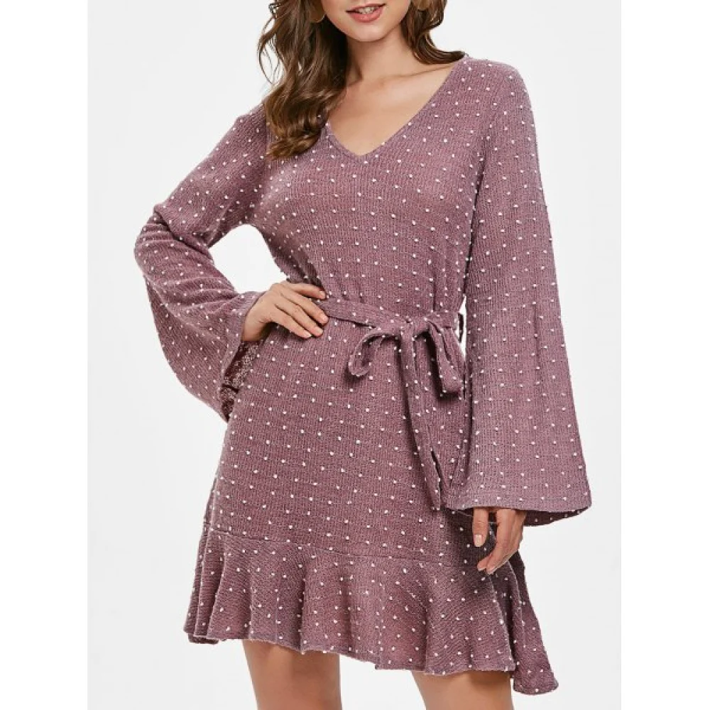 ong Sleeve Polka Dot Dress with Belt - ipstick Pink Fansmadedirect