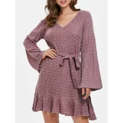 ong Sleeve Polka Dot Dress with Belt - ipstick Pink Fansmadedirect