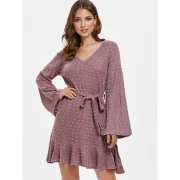 ong Sleeve Polka Dot Dress with Belt - ipstick Pink Fansmadedirect