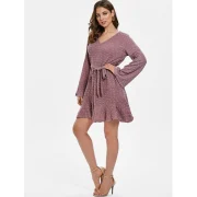 ong Sleeve Polka Dot Dress with Belt - ipstick Pink Fansmadedirect