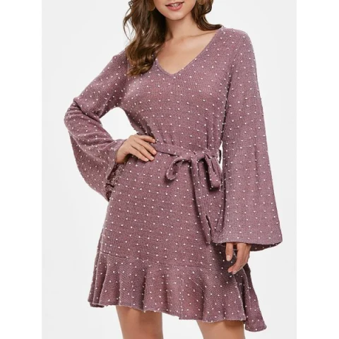 ong Sleeve Polka Dot Dress with Belt - ipstick Pink Fansmadedirect