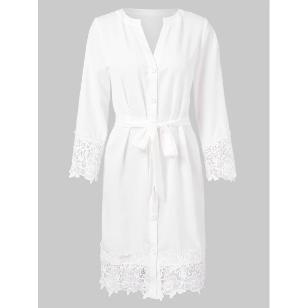 ong Sleeve V Neck Belted Dress - White Fansmadedirect