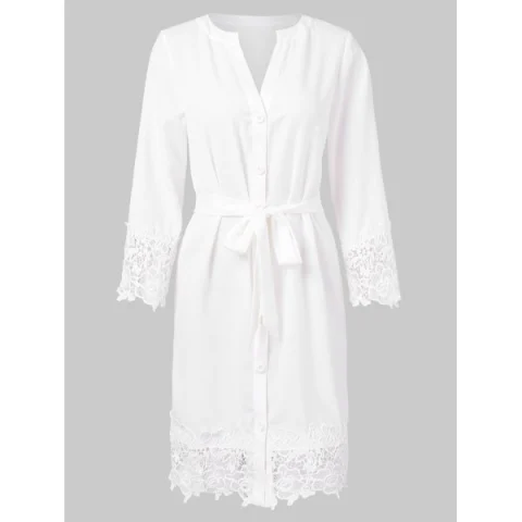 ong Sleeve V Neck Belted Dress - White Fansmadedirect