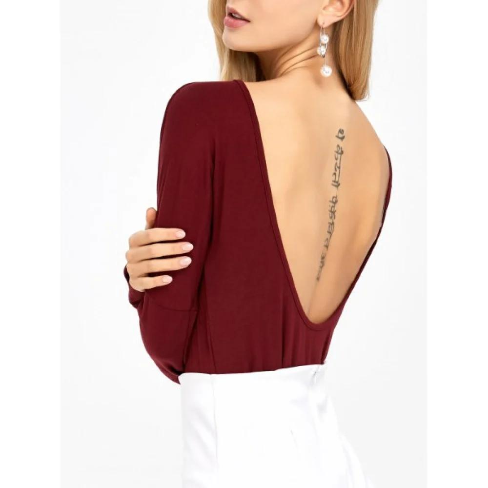 Open Back Drop Shoulder T-Shirt - Wine Red Fansmadedirect