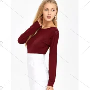 Open Back Drop Shoulder T-Shirt - Wine Red Fansmadedirect