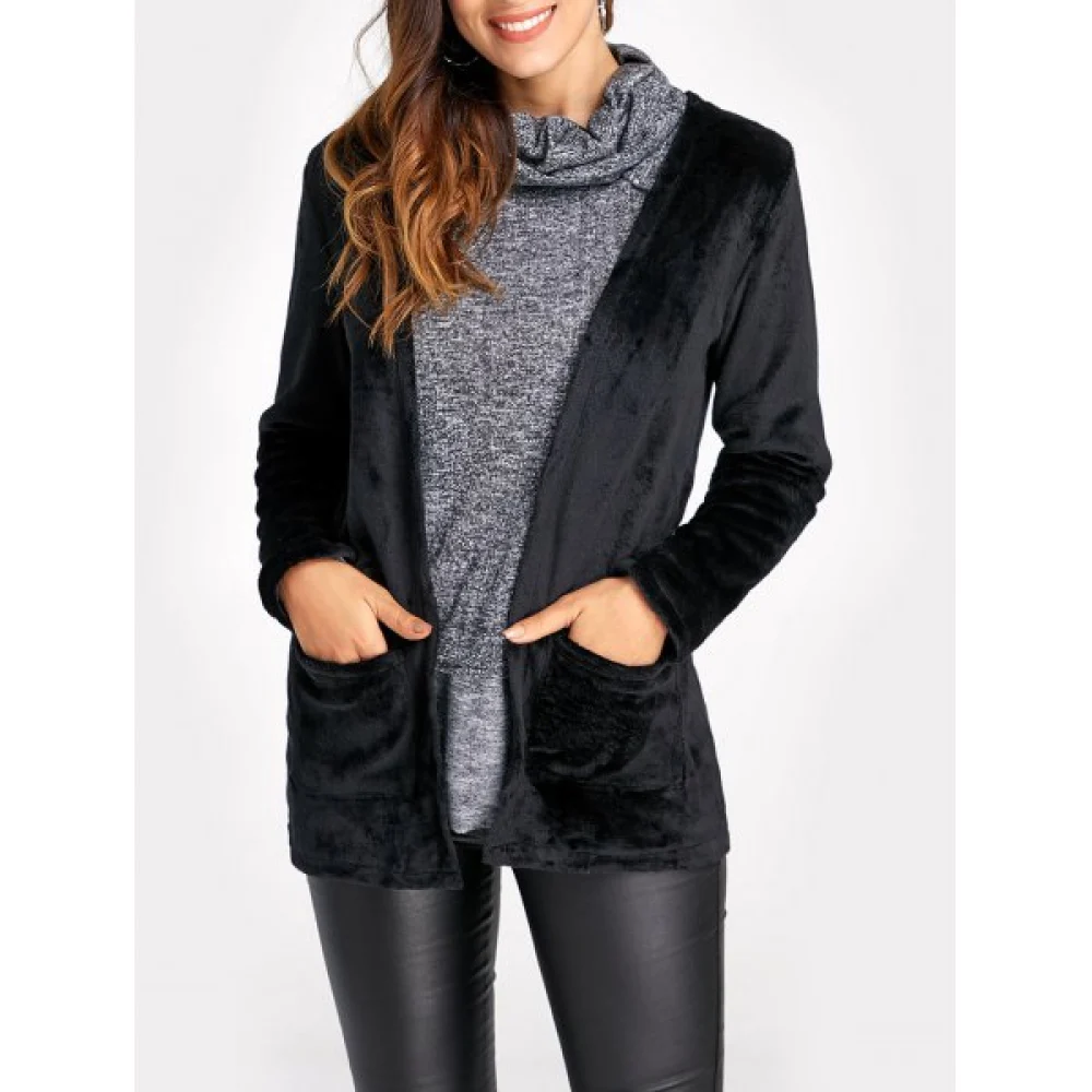 Open Front Fluffy Coat - Black Fansmadedirect