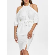 Open houlder Bodycon Two Piece Dress with Belt - White Fansmadedirect
