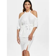 Open houlder Bodycon Two Piece Dress with Belt - White Fansmadedirect