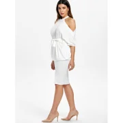 Open houlder Bodycon Two Piece Dress with Belt - White Fansmadedirect