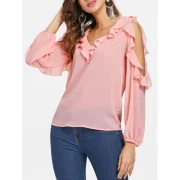 Open houlder Flounce Insert Blouse - Pink Fansmadedirect