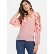 Open houlder Flounce Insert Blouse - Pink Fansmadedirect