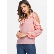 Open houlder Flounce Insert Blouse - Pink Fansmadedirect