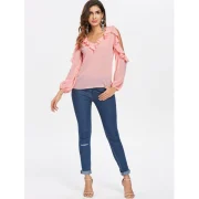 Open houlder Flounce Insert Blouse - Pink Fansmadedirect