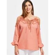 Open houlder Lace Trim Blouse - Orange Pink Fansmadedirect