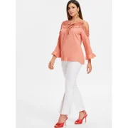 Open houlder Lace Trim Blouse - Orange Pink Fansmadedirect