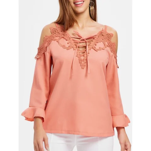 Open houlder Lace Trim Blouse - Orange Pink Fansmadedirect