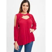 Open Shoulder Cut Out Eyelash Lace Blouse - Red Fansmadedirect