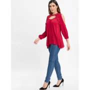 Open Shoulder Cut Out Eyelash Lace Blouse - Red Fansmadedirect