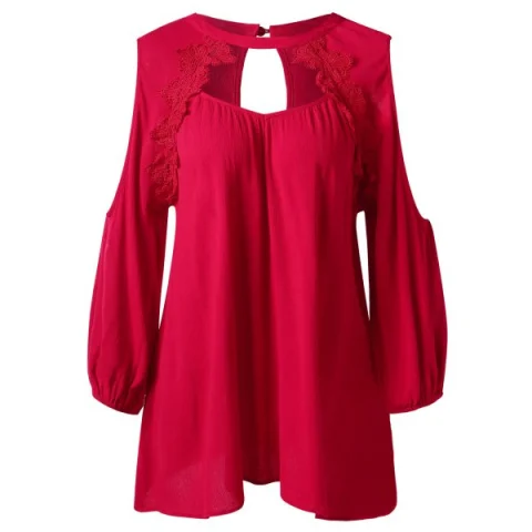 Open Shoulder Cut Out Eyelash Lace Blouse - Red Fansmadedirect