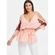 Open Shoulder Embroidery Surplice Blouse - ight Pink Fansmadedirect