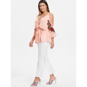 Open Shoulder Embroidery Surplice Blouse - ight Pink Fansmadedirect