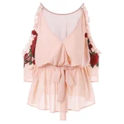 Open Shoulder Embroidery Surplice Blouse - ight Pink Fansmadedirect