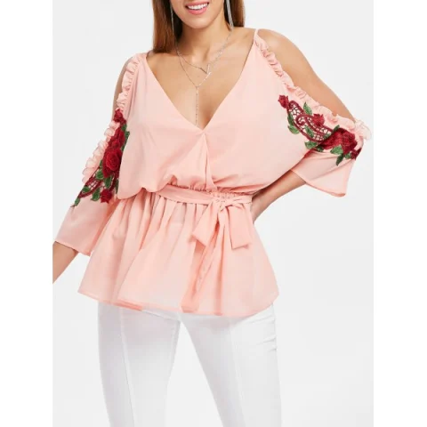 Open Shoulder Embroidery Surplice Blouse - ight Pink Fansmadedirect