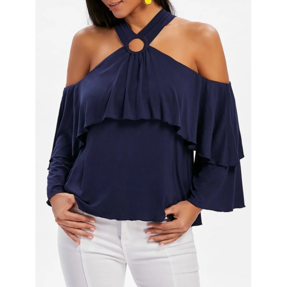 Open Shoulder Layered Sleeve Blouse - idnight Blue Fansmadedirect