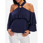 Open Shoulder Layered Sleeve Blouse - idnight Blue Fansmadedirect