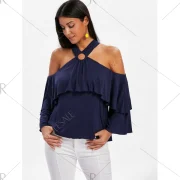 Open Shoulder Layered Sleeve Blouse - idnight Blue Fansmadedirect