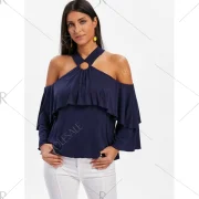 Open Shoulder Layered Sleeve Blouse - idnight Blue Fansmadedirect