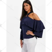 Open Shoulder Layered Sleeve Blouse - idnight Blue Fansmadedirect